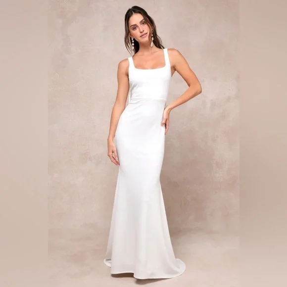 New Lulus Loving Fate White Bow Square Neck Backless Maxi Dress Size Medium - Picture 2 of 4